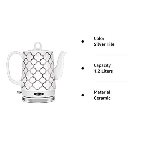 BELLA BELLA Electric Kettle & Tea Pot - Ceramic Water Heater with Detachable Swivel Base, Auto Shut Off & Boil Dry Protection, 1.2 Liter, Silver Tile Pattern