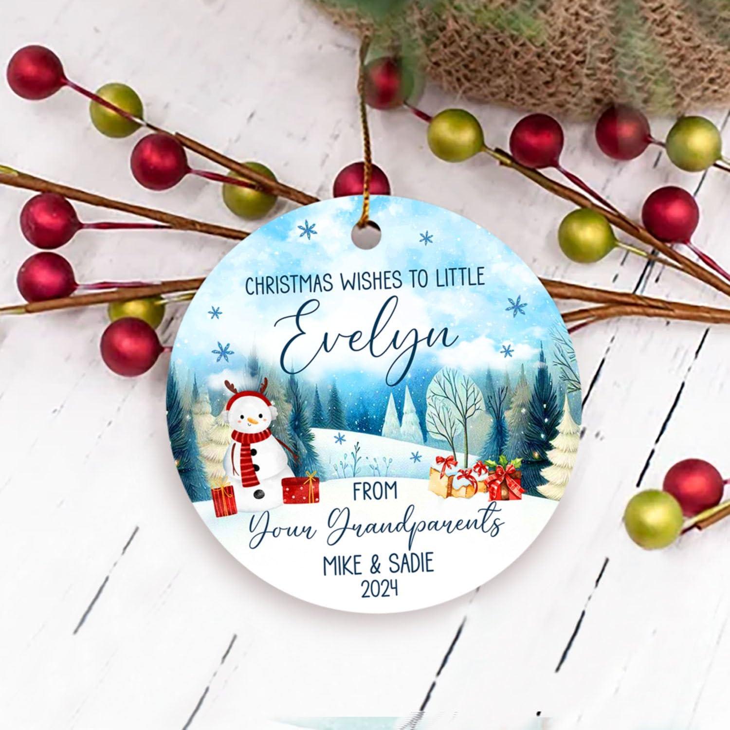 Yanria Christmas Wishes to Little from Your Grandparents Ornaments 2024, Personalized Grandkids Christmas Tree 2024 Ornaments, Custom Xmas Keepsake Gifts for Grandchildren from Grandparents with Name & Year