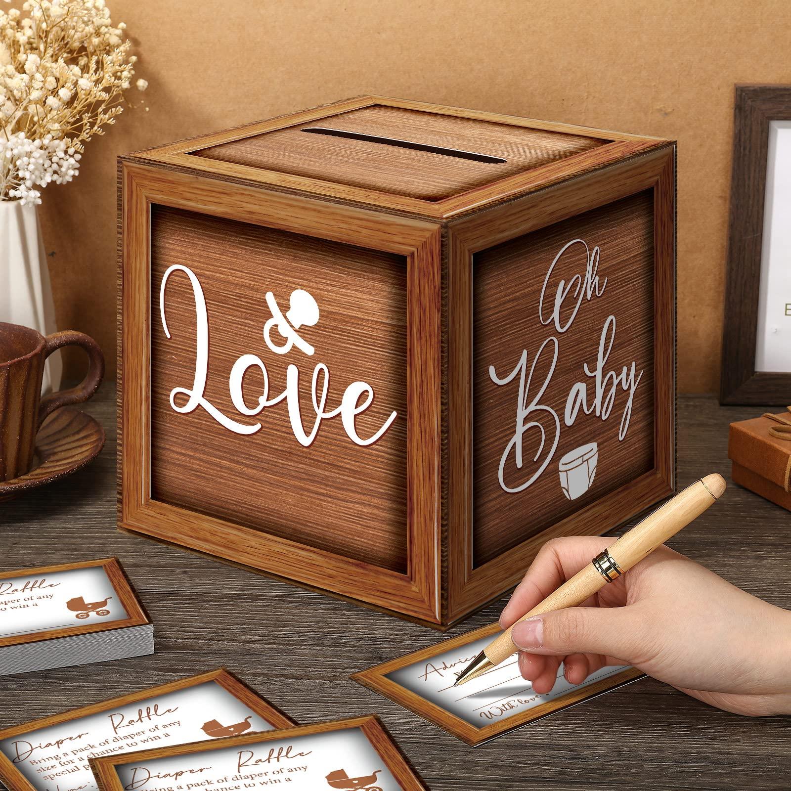 Teling Teling 51 Pieces Diaper Raffle Tickets with Card Box Baby Shower Decorations Baby Shower Holder Box for Girl Boy Diaper Raffle Party(Wooden)