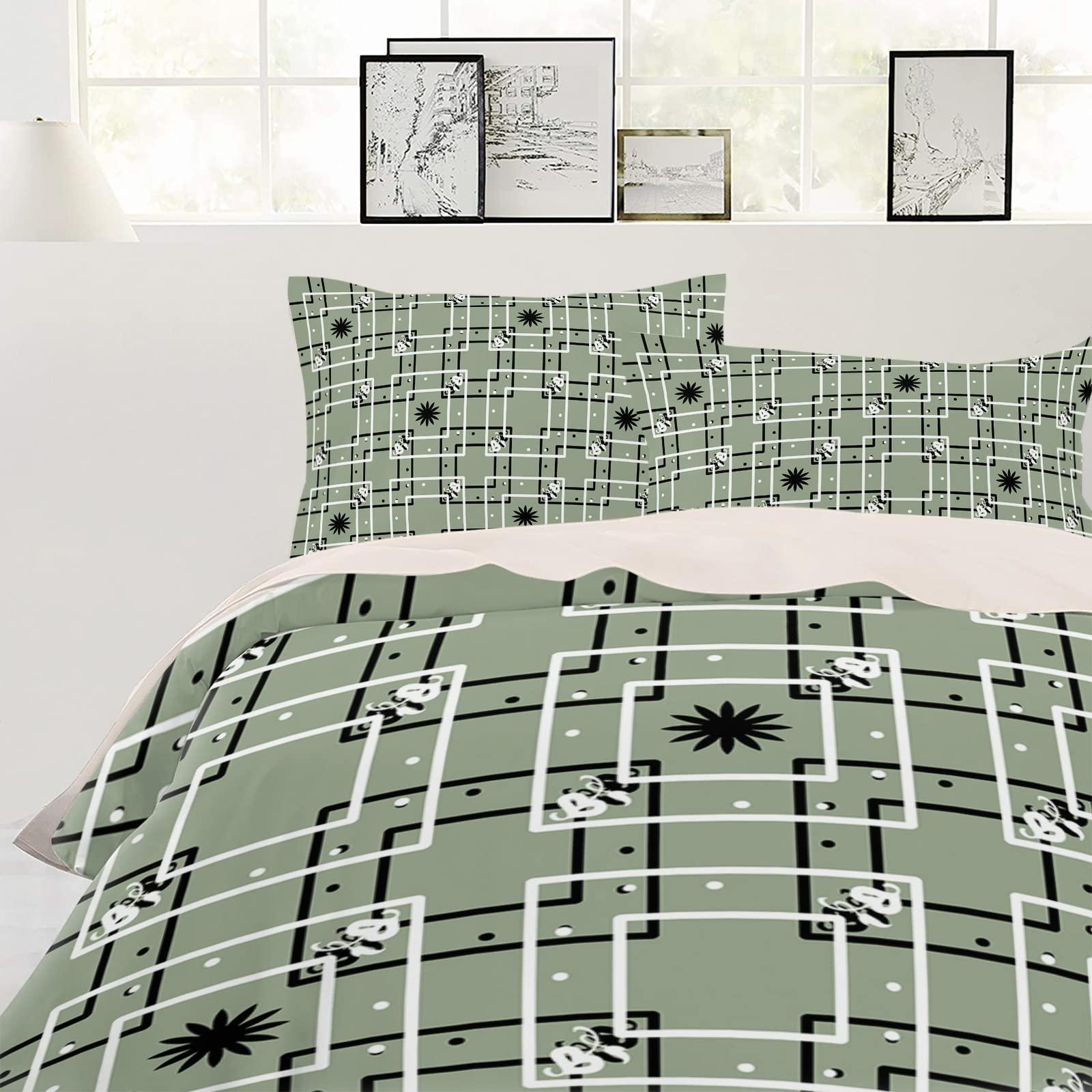 Debedcor Cal. King Comforter Covers Sets Black White Geometric 4 Piece Duvet Cover Set Lightweight Microfiber Soft Bedding Set for Adult Teen, Box Plaid Polka Dot Green