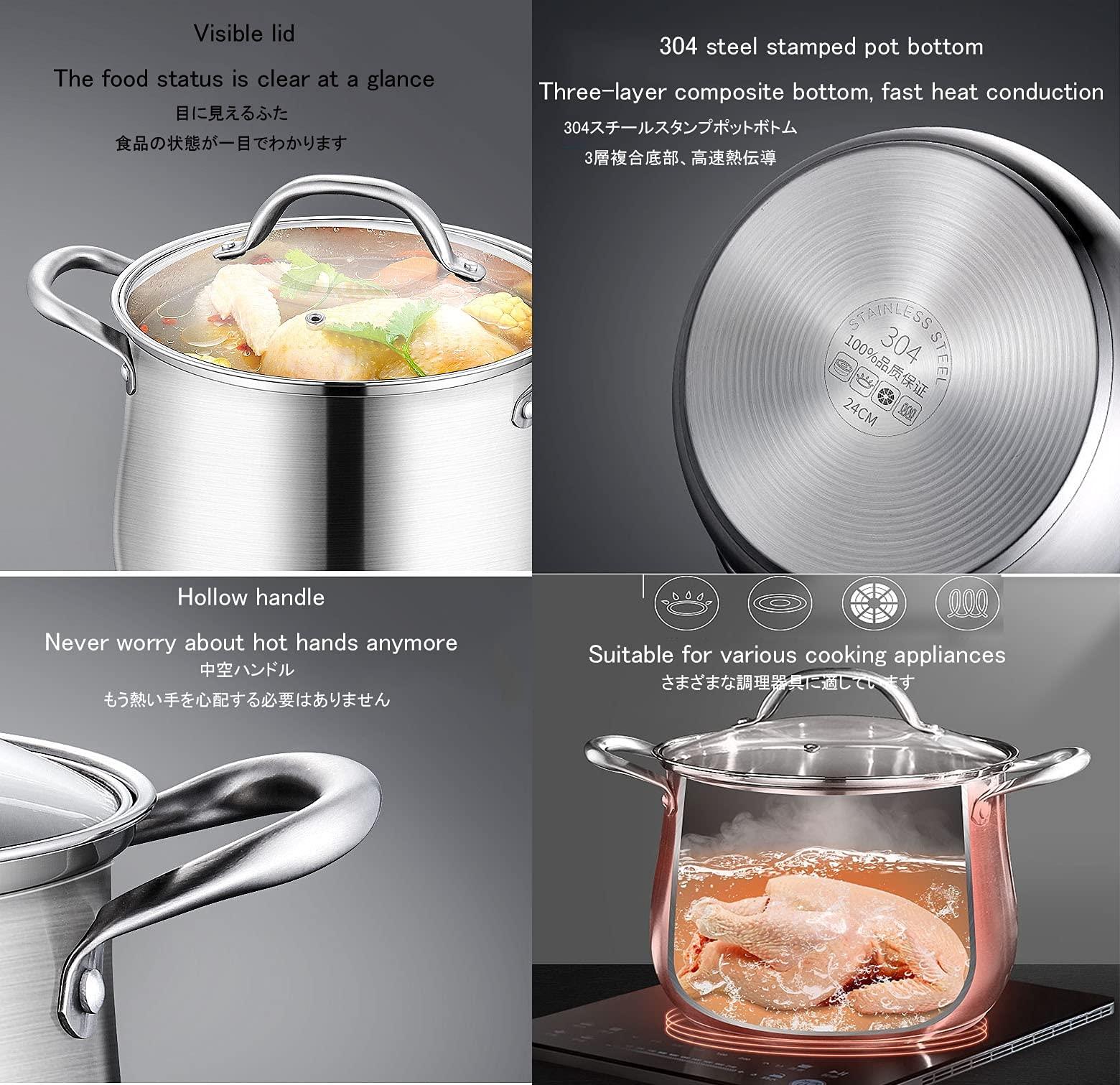 Hgfkt 304 stainless steel household stock pot thickened large capacity cooking stew pot induction cooker gas stove dedicated steamer with transparent lid soup pot casserole cooking pot with handle 22cm/24cm