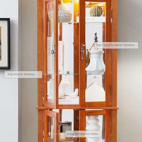 CKEASEAN CKEASEAN Curio Cabinet 71" Lighted Glass Display Cabinet, Wooden China Cabinet with 6 Adjustable Shelves, Tempered Glass Doors, Light Bulb Included, Rack for Living Room (Dark Oak)