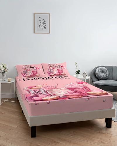 ZFUNCING Valentine\'s Day Fitted Sheet Twin XL Size,Dessert Macaron Cake Drinks Bottom Sheets Bedding Set 2pcs for Girls Women Room Decor,Romantic Pink Deep Pocket Bed Sheet&Pillowcases