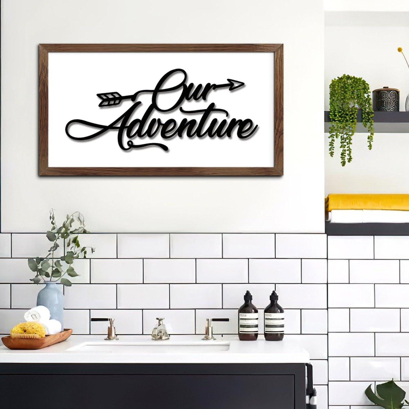 WSDESDEC Our Adventure Wood Framed Printed Sign Family Wall Art Decor Farmhouse Nature Mountain Forest Signs Custom Wood Signs for Dinning Room Nursery Window 12x22in