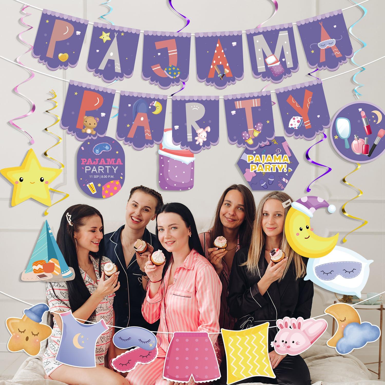 SKIRUP SKIRUP Slumber Party Favors Pajamas Theme Party Suit Pajama Party Decorations Includes Banner Hanging Swirls Cake Topper Balloons Cupcake Toppers Sleepover Party Supplies For Girls
