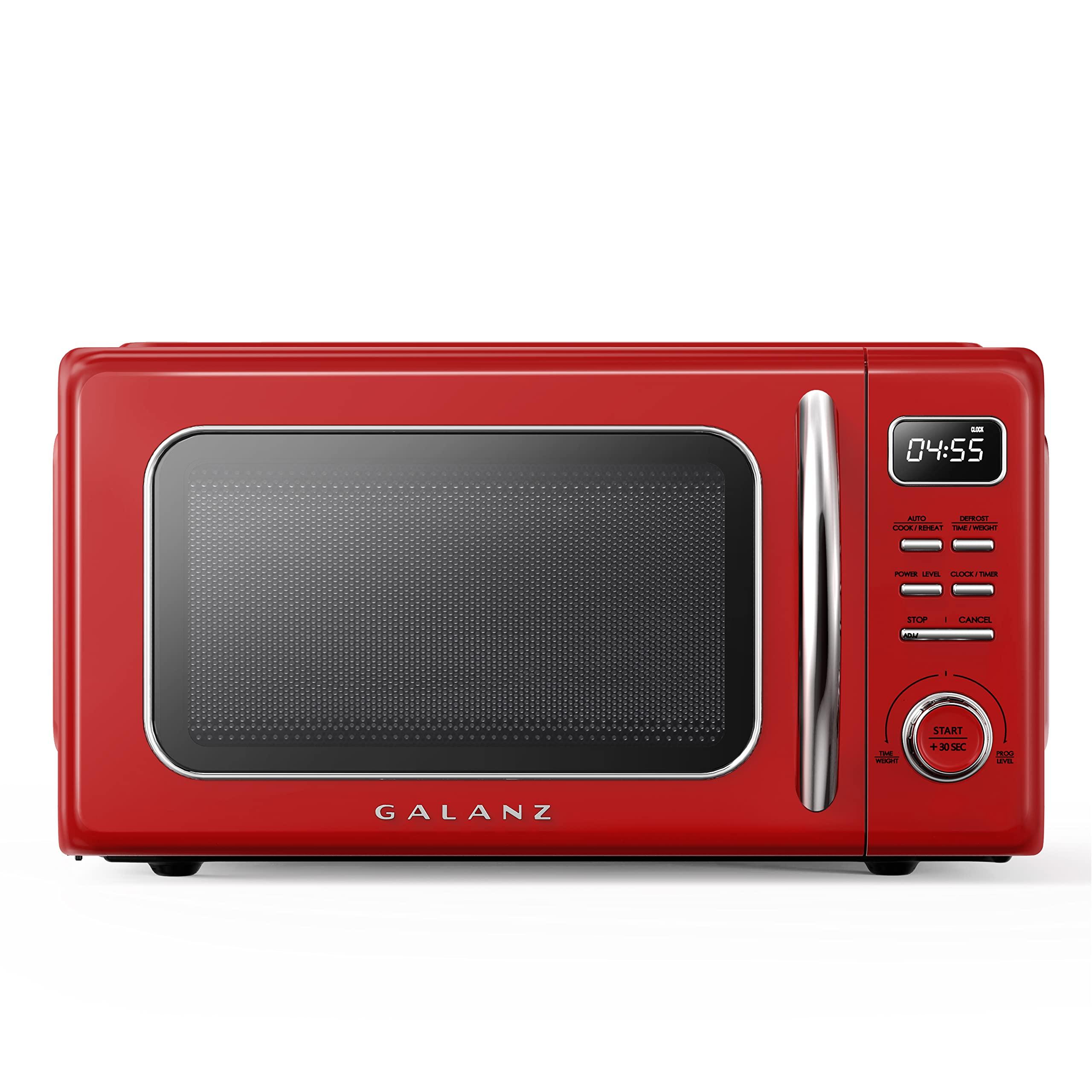 Galanz Galanz GLCMKZ11RDR10 Retro Countertop Microwave Oven with Auto Cook & Reheat, Defrost, Quick Start Functions, Easy Clean with Glass Turntable, Pull Handle, 1.1 cu ft, Red