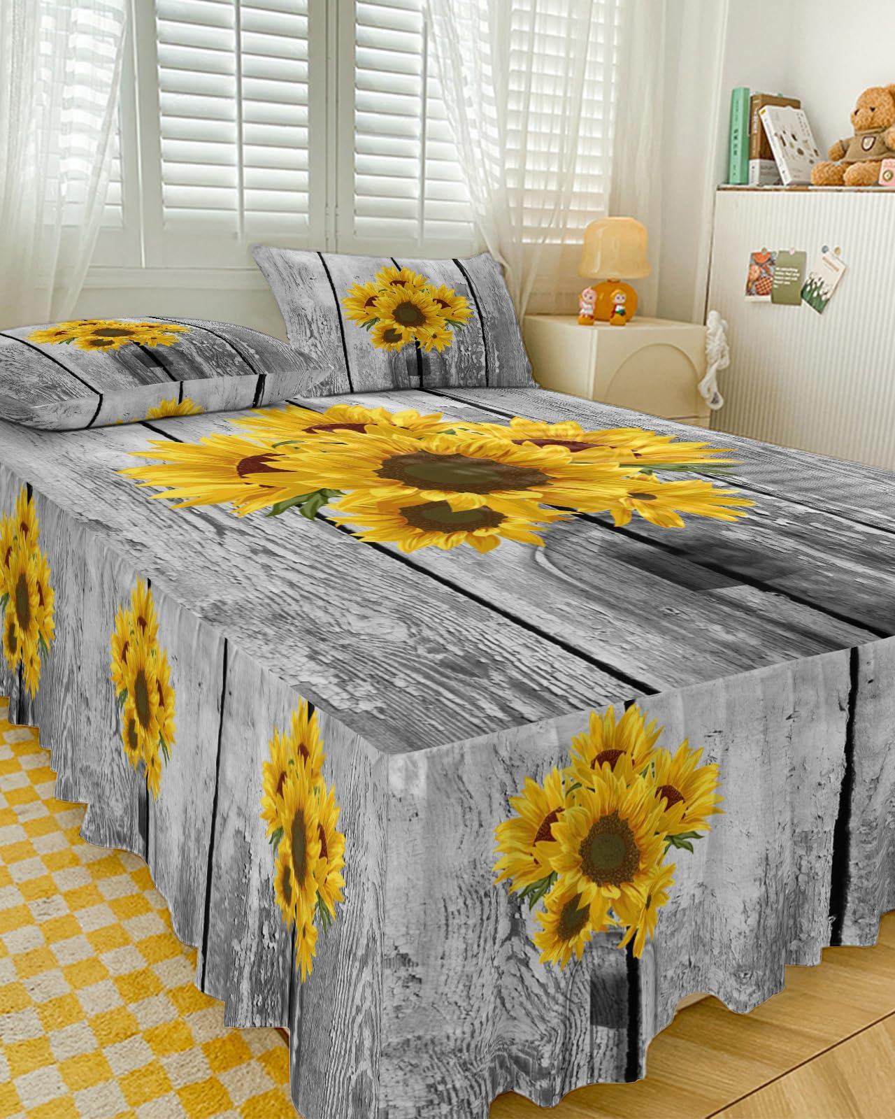 Yukro Ruffled Bed Skirt King Size with 18 Drop, Sunflower Bottle Retro Wood Grain Wrap Around Bed Skirt with 2 Pillow Sham, Easy Fit Fade Resistant Dust Ruffle Decorative Bed Skirt