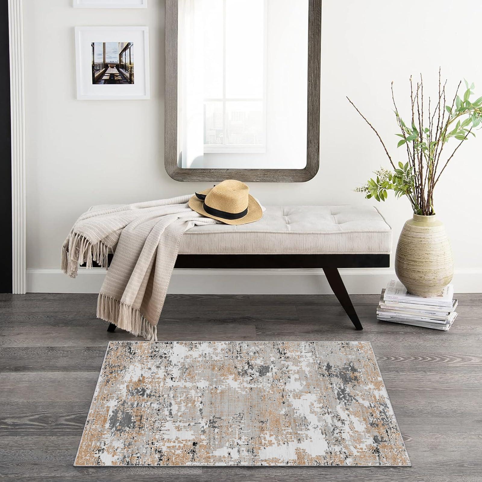 MiZuH Imitation Cashmere Area Rug 4x5 - Large Living Room Rug - Washable Rug Boho Rugs Non-Slip for Bedroom Dining Room, Medium-Pile Floor Carpet Modern Accent Rug, Orange/Gray