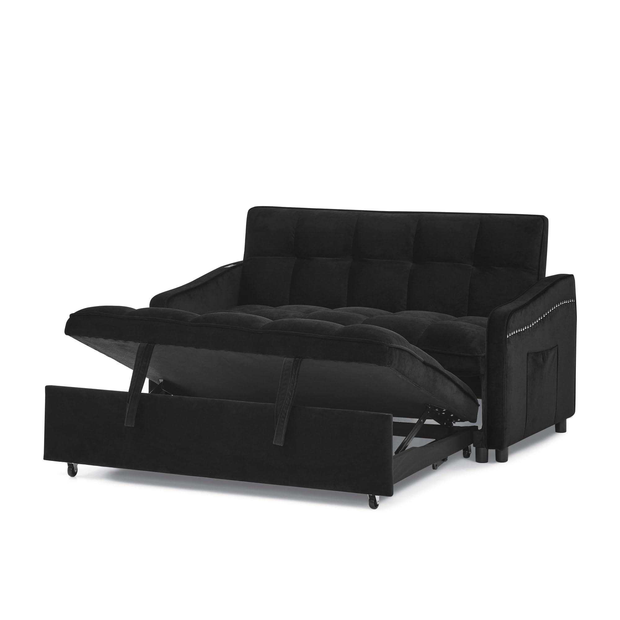 AYUYK AYUYK Loveseats Sofa Bed with Pull-Out Bed,Adjsutable Back and Two Arm Pocket,TypeC and USB Charging with Copper Nail (Black)