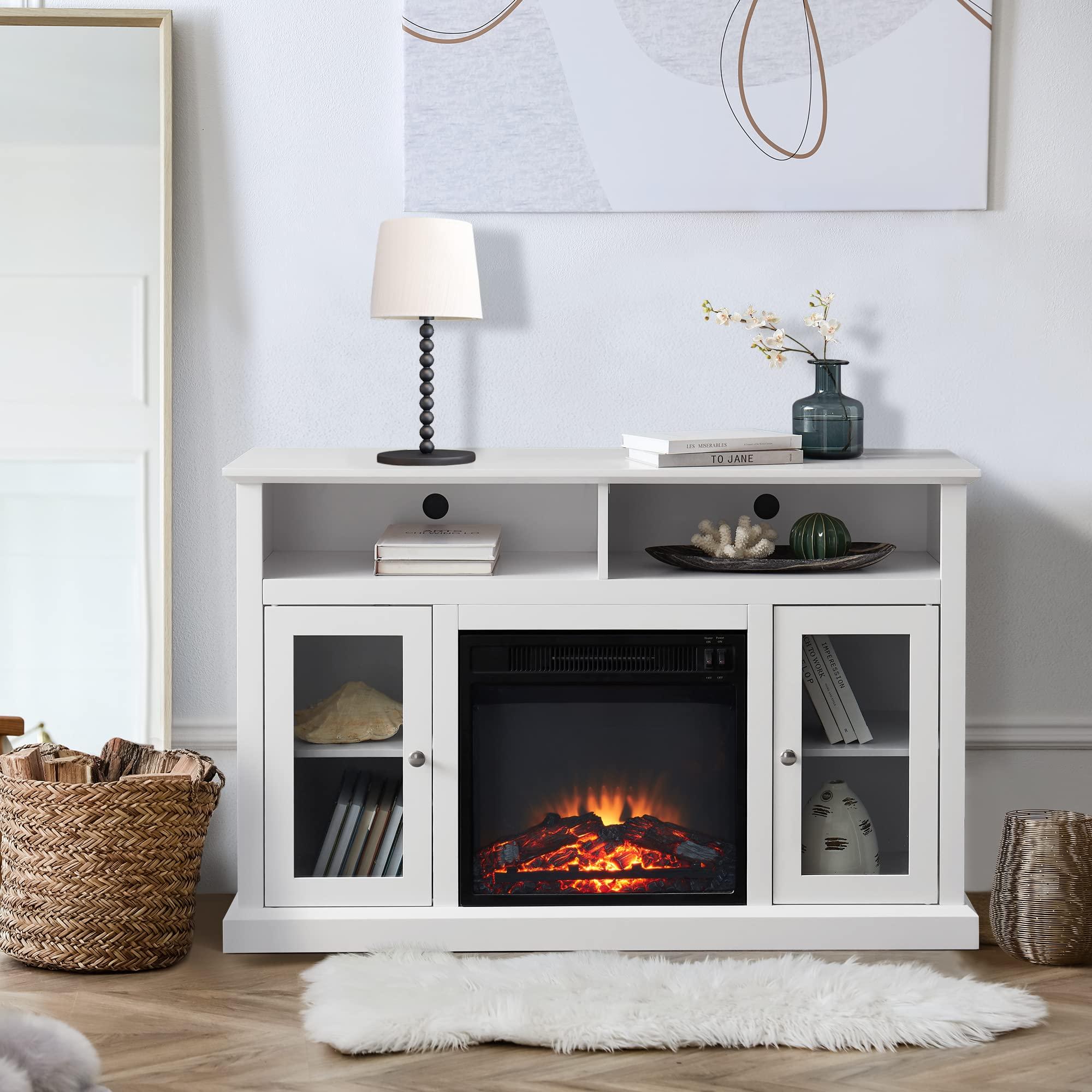 CNANXU Modern Electric Fireplace TV Stand for TV's Up to 55" Media Entertainment Center Console with Insert Fireplace and Adjustable Shelves, Storage Cabinet Chest for Living Room (White, 55 inch)