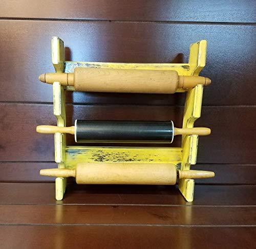 Rusty Nail woodworks Yellow Rolling Pin Rack with Three Slots - Antique Yellow Rolling Pin Rack - Multiple Rolling Pin Rack - Shabby Chic Rolling Pin Holder - Rolling Pin Storage - Gift for Baker