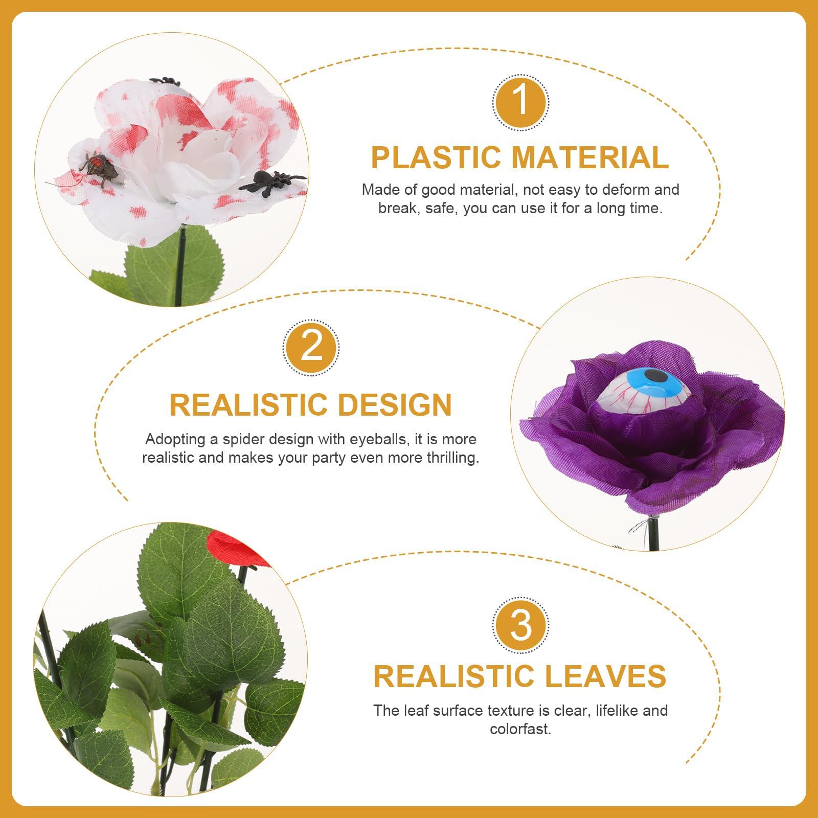 LOGOFUN LOGOFUN 3Pcs Halloween Fake Flowers Artificial Bloody White Roses with Eyeball Flower Bouquet Eyeball Spider Skeleton Flowers for Halloween Decoration