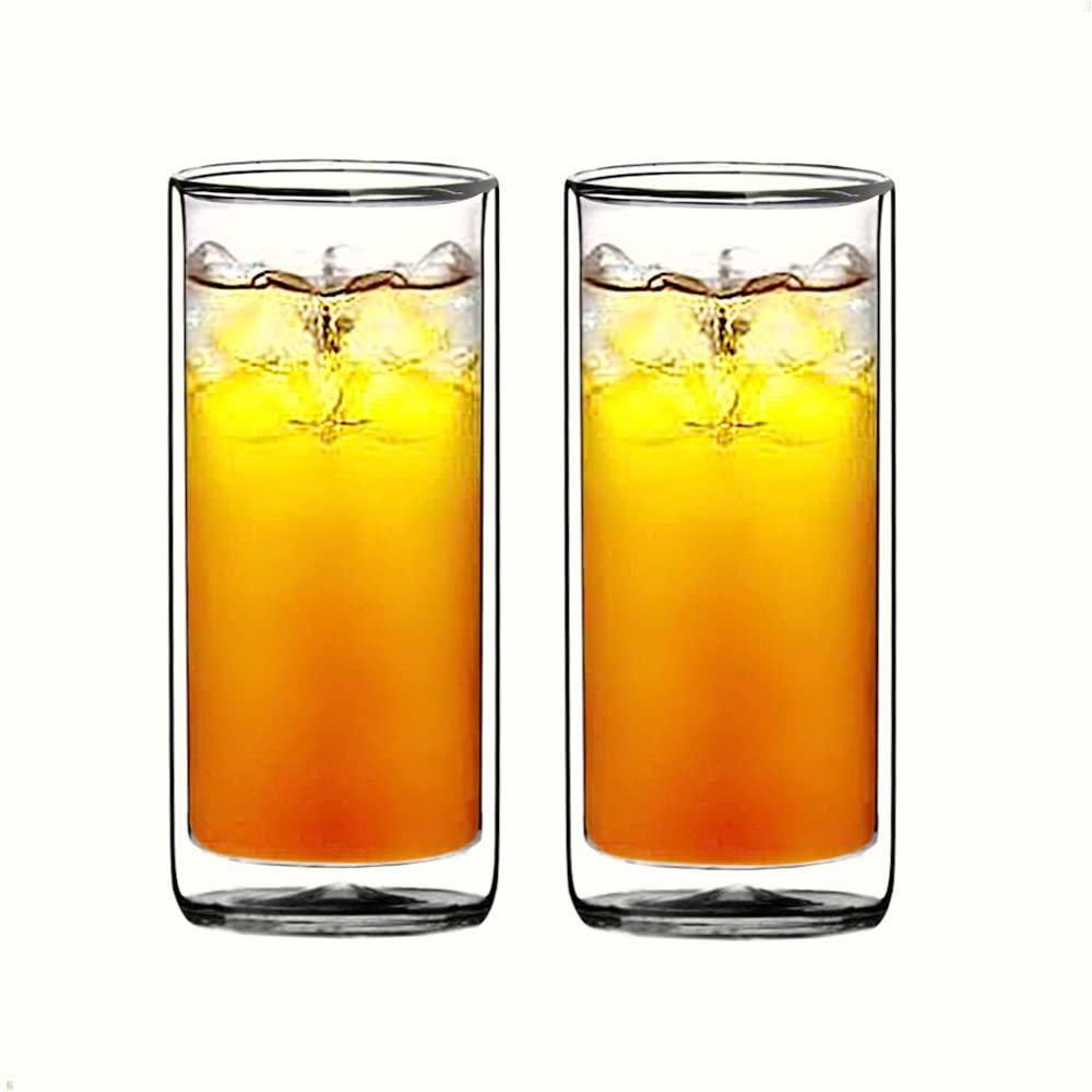 Sun's Tea Sun's Tea Double Wall Insulated Glass Tumbler, 16oz (450ml) Highball Glass Cups for Beer, Lemonade, Iced Tea, Tropical Drink, Cocktail, Smoothie, Mojito and Mixed Drinks, Set of 2 - Collins Style