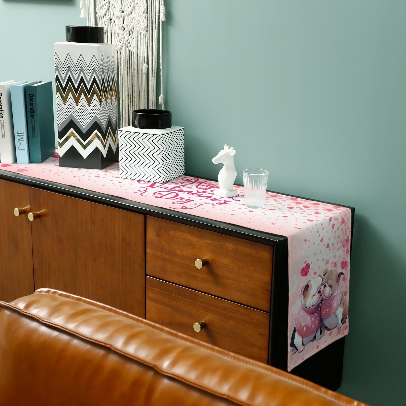 Falaniique Valentine\'s Day Table Runner 90 Inches Long, Cotton Linen Kitchen Dinner Table Runners, Burlap Tablerunner for Dresser/Dining/Party/Wedding, Romantic Dogs Sweet Heart Love Pink