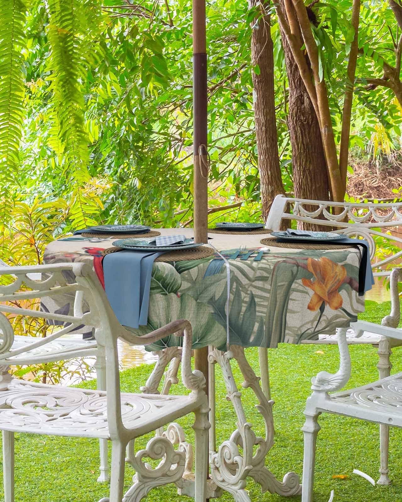 Chees D Zone Chees D Zone Outdoor Tablecloth with Umbrella Hole and Zipper, Tropical Birds Parrot on Branch Tablecloths for Round Tables,Washable Spillproof Table Cloth for Picnic Patio