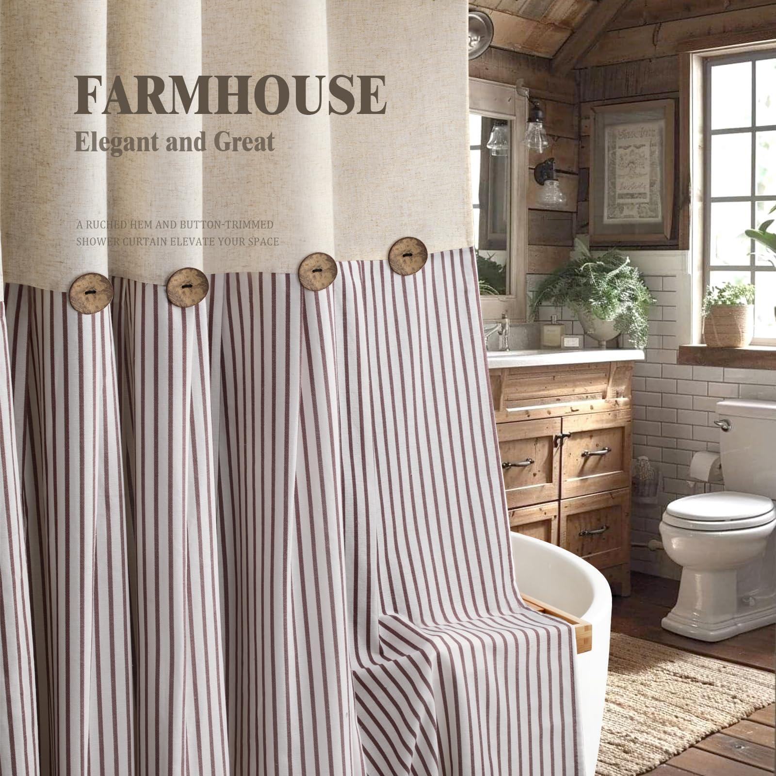 Awellife Awellife Extra Long Shower Curtain for Bathroom 84 Inch Shower Curtain Button Farmhouse Shower Curtain Beige Linen and Cotton Woven Fabric Pleated Brown Stripe Country Rustic Style