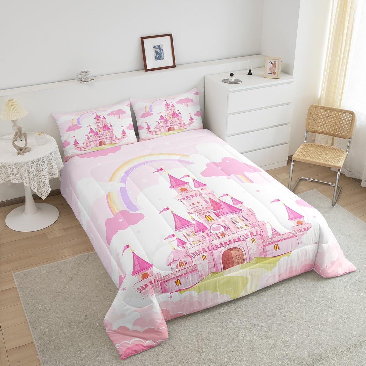 Feelyou Feelyou Kids King Pink Castle Comforter Set Boys Girls Rainbow Castle Bedding Set Girls Princess Comforter Fairy Tales Duvet Set Girls Bed Set 3Pcs