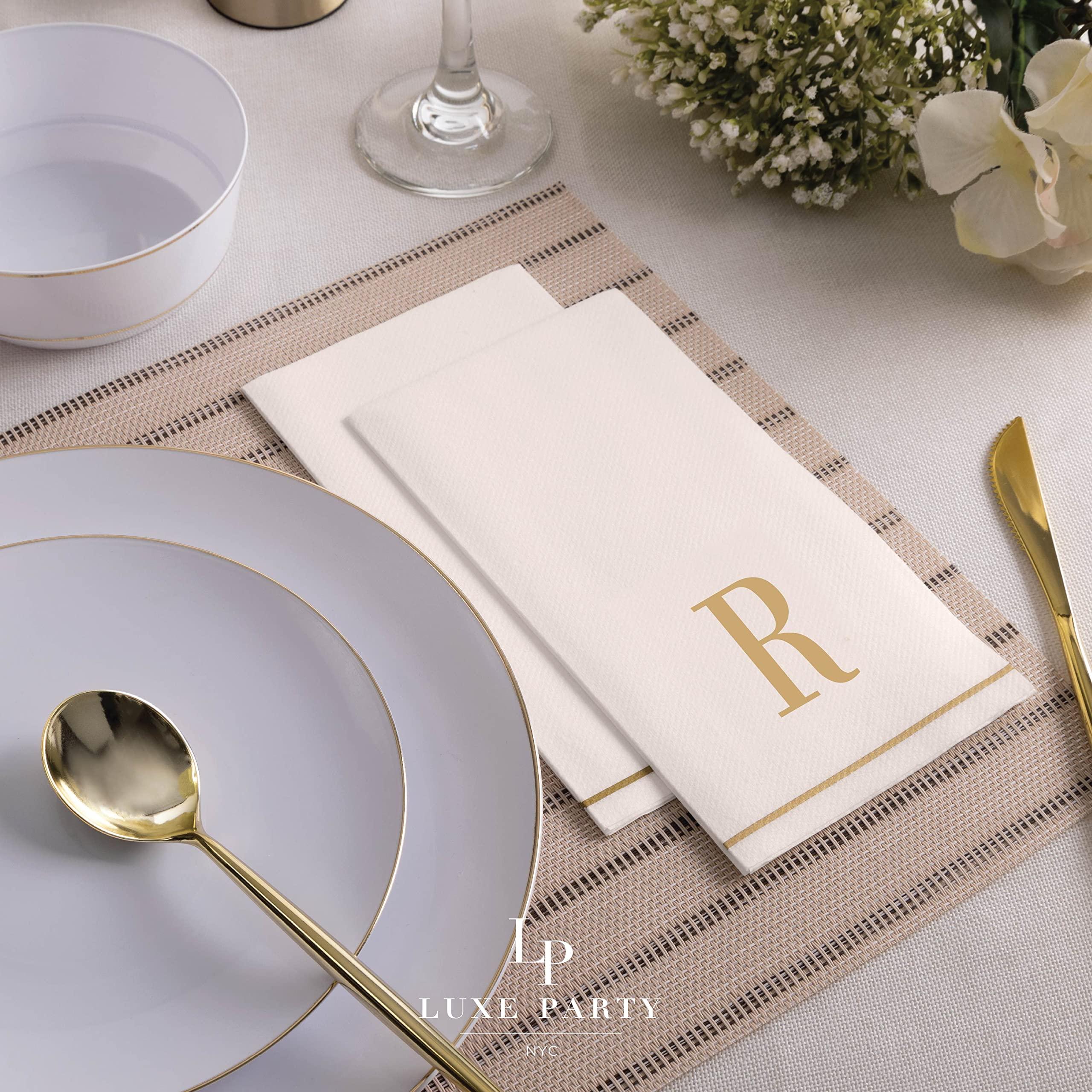 LUXE PARTY Luxe Party 112 Pack Monogram Napkins | Letter R Initial | Disposable | Premium Airlaid | Linen Feel | Decorative Table Setting | Guest Towel Napkin | White and Gold