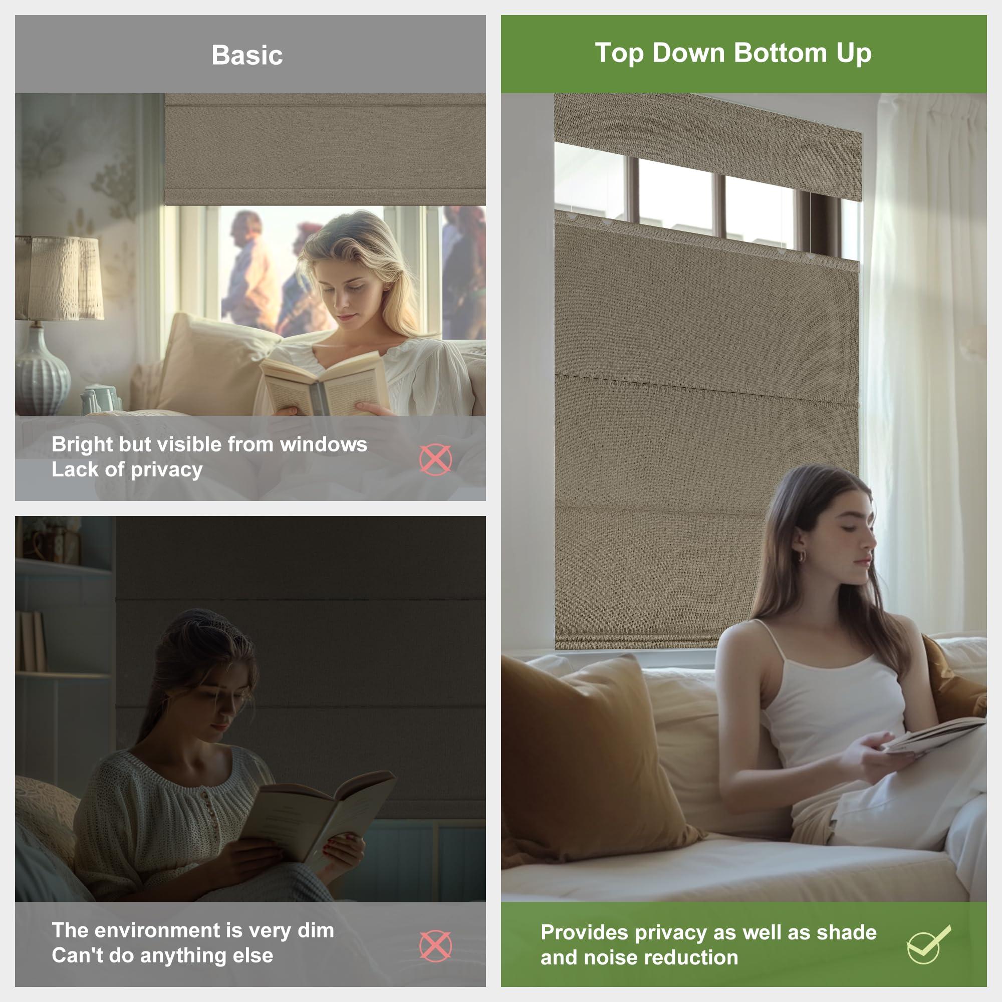 MoDanCeQ MoDanCeQ Top Down Bottom Up Roman Shades for Windows, Blackout Cordless Roman Blinds, Easy to Install Thermal Insulated Window Blind for Kitchen, Sandy Brown, 21.5" W x 64" H