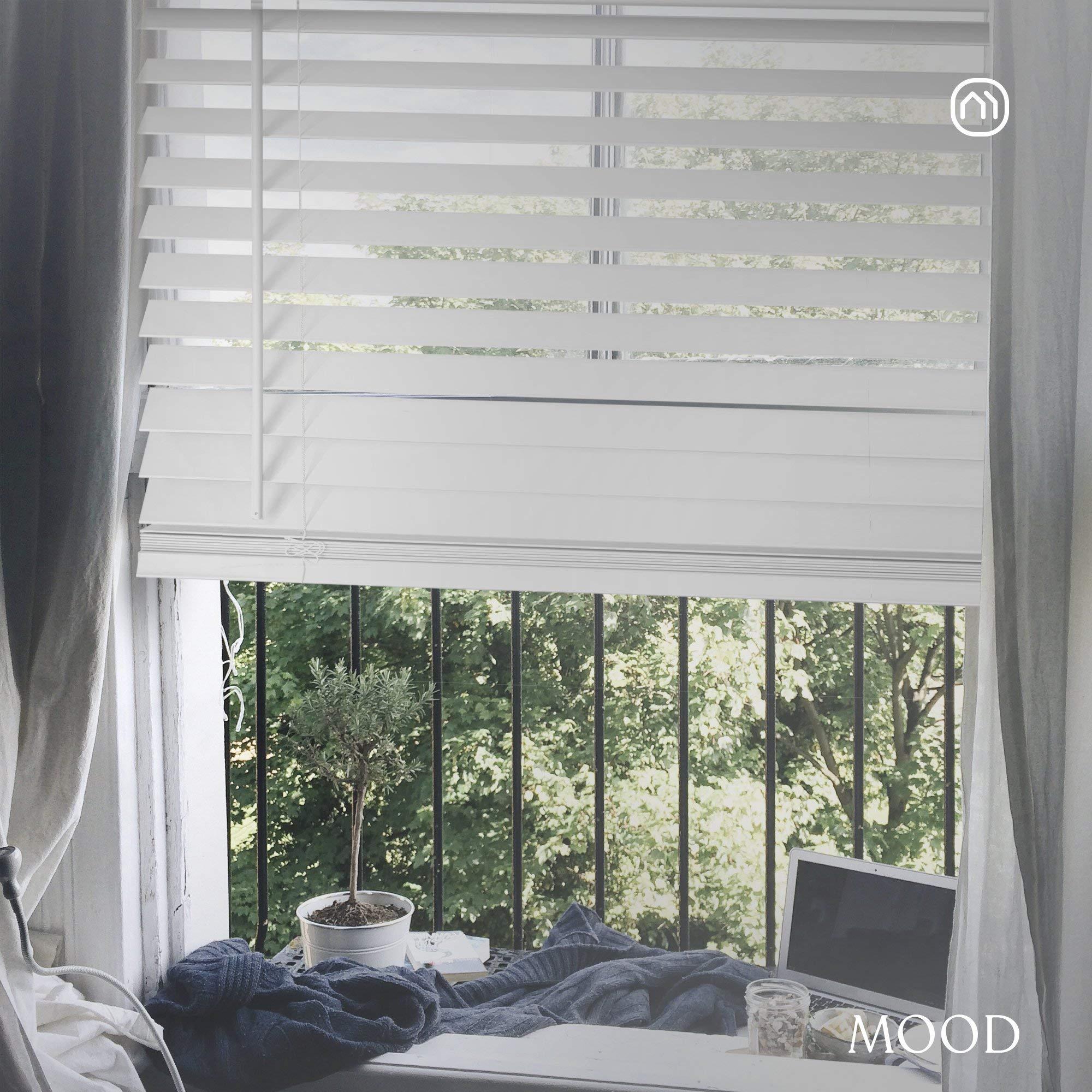 Mood MOOD Luxe Faux Wood Blinds | 46 inch Blinds for Windows | 2" Cordless Blackout Window Treatment | Luxe White | 46 Wide x 64 Tall