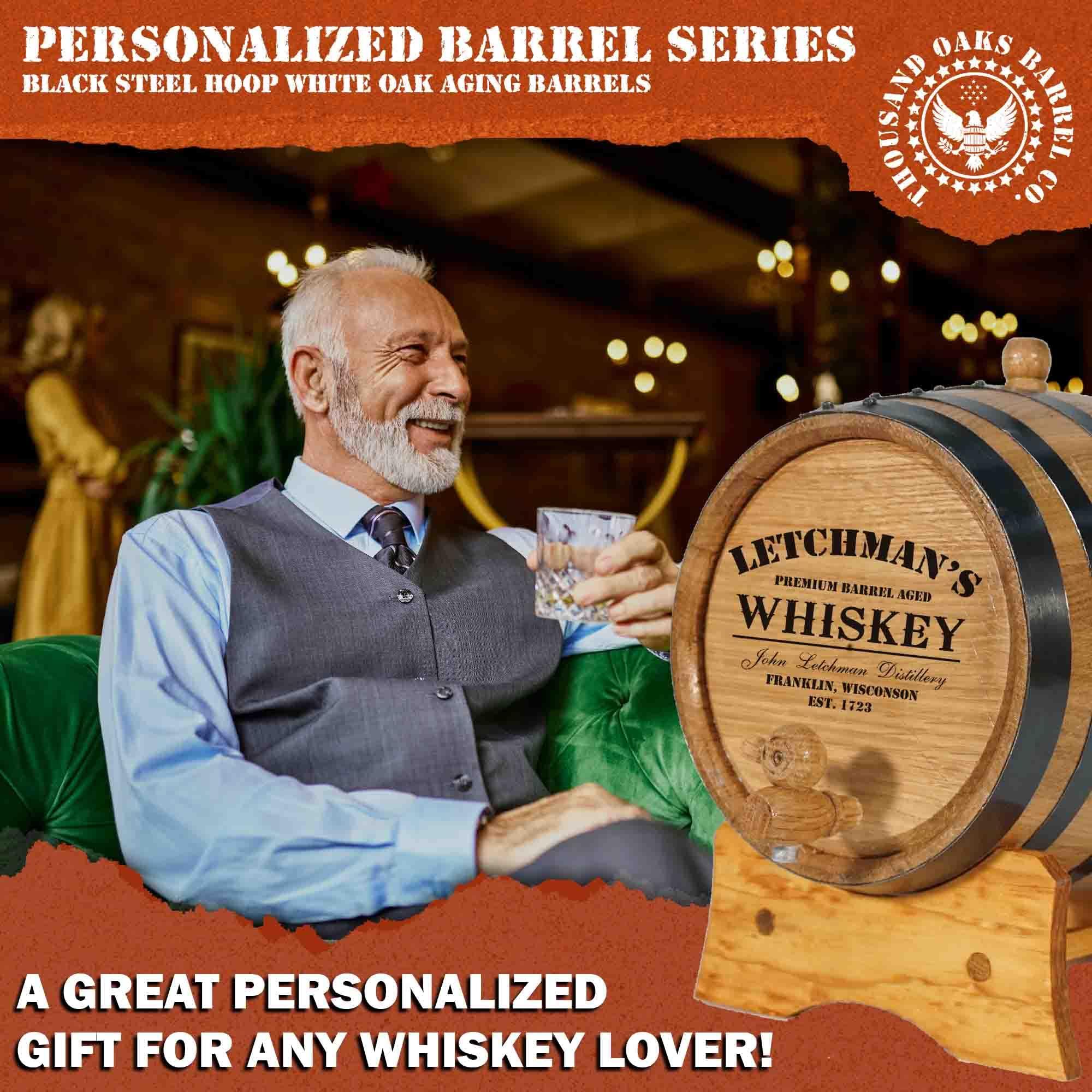 THOUSAND OAKS BARREL Personalized 2 Liter Oak Aging Barrel with Wood Stand, Bung & Spigot - Age Cocktails, Bourbon, Whisky, Rum, Tequila, Mead Wine - 2L Mini Whiskey Aging Barrels (P5)