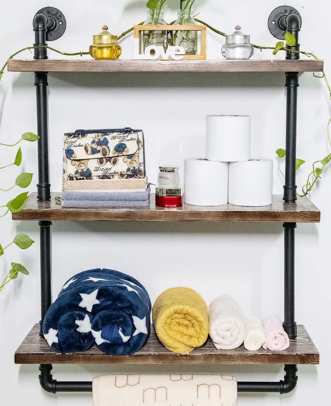 ZYUXUAN Bathroom Pipe Shelves with Towel Bar Industrial Pipe Shelving ,3Tier 24 inch Retro Rustic Farmhouse Pipe Industrial Wall Shelves Bathroom Shelves Over Toilet for Storage
