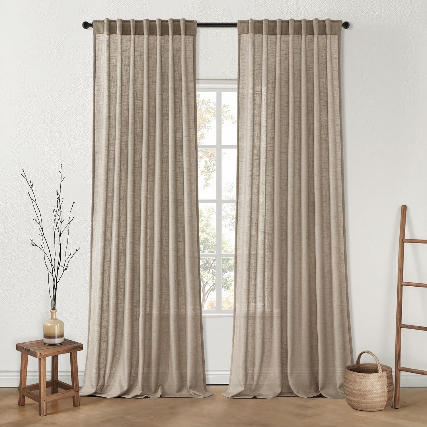 MIULEE MIULEE Taupe Linen Curtains 90 Inch Length 2 Panels for Bedroom Living Room, Back Tab & Hook Belt Pleated Soft Thick Linen Textured Window Drapes Semi Sheer Light Filtering Farmhouse Burlap Look Decor