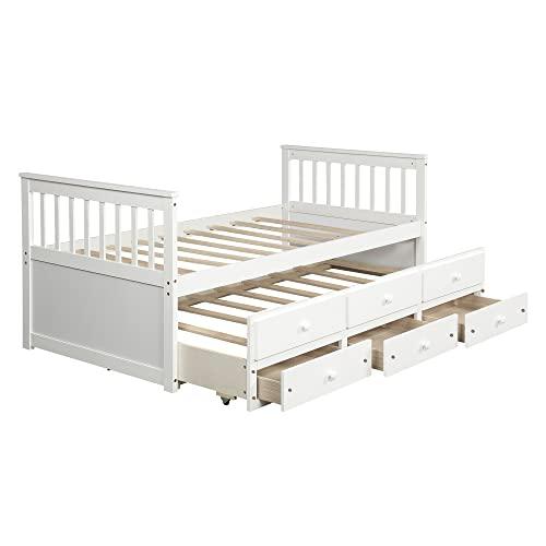 Generic Captain\'s Bed Twin Daybed with Trundle Bed and Storage Drawers, White
