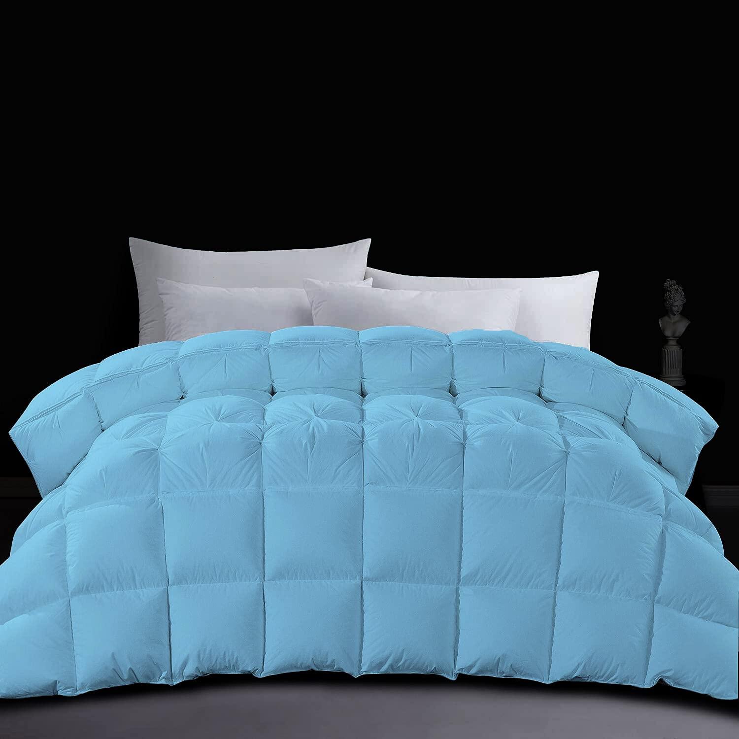 LinenEra Goose Down Comforter Light Blue Twin/Twin XL Size,100% Soft Cotton 500 GSM Fill Power and Feather Down-Proof Thick Fluffy Baffle Box Stitched Pinch Pleated Comforter Only (1 Piece)