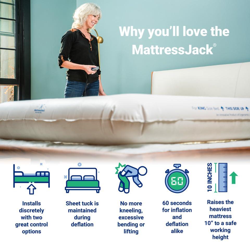 MATTRESS JACK BEDS MADE EASY Mattress Jack Mattress Lifter, Queen - Mattress Elevator for Sheet Tucking & Bed Making - Mobility Aid for Elderly, w/Inflatable Ring, Air Pump