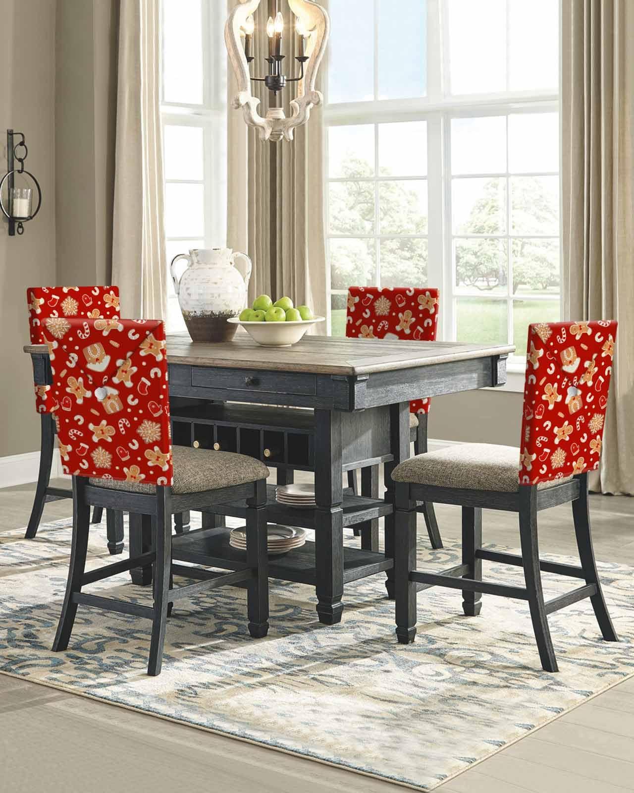 LOVE HOME DAY Dining Chair Back Covers Christmas Winter Snowflake Cookie Man 8 Pack Santa Hat Chair Seat Cover Candy Stocking on Red Removable Kitchen Chair Slipcover for Holiday Party Festival Banquet Decor