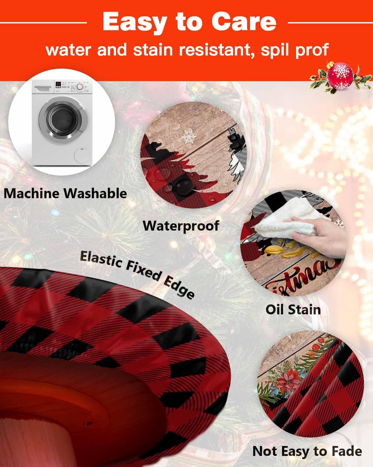 Home L6 Christmas Tree Round Fitted Tablecloth with Elastic Buffalo Plaid Pine Tree Tablecloths Holly Wood Grain Table Cover for Kitchen Dinner Xmas Holiday Party Picnic Fits Tables up to 55\"- 60\" Diameter