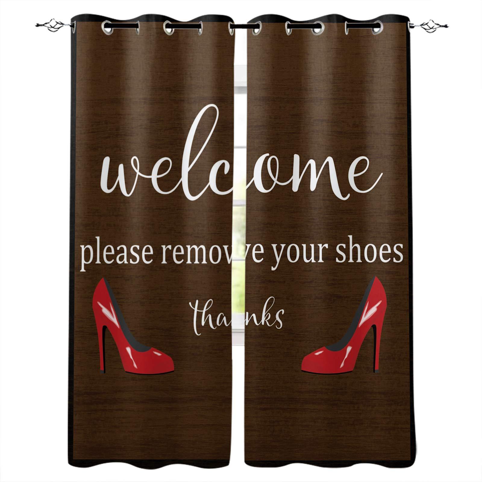 Tersuger Blackout Curtains for Living Room Bedroom, Welcome Please Remove Youe Shoes Window Curtain Panels Grommet Drapes Thermal Insulated Room Darkening Curtains 2 Panels, 42x84 inch