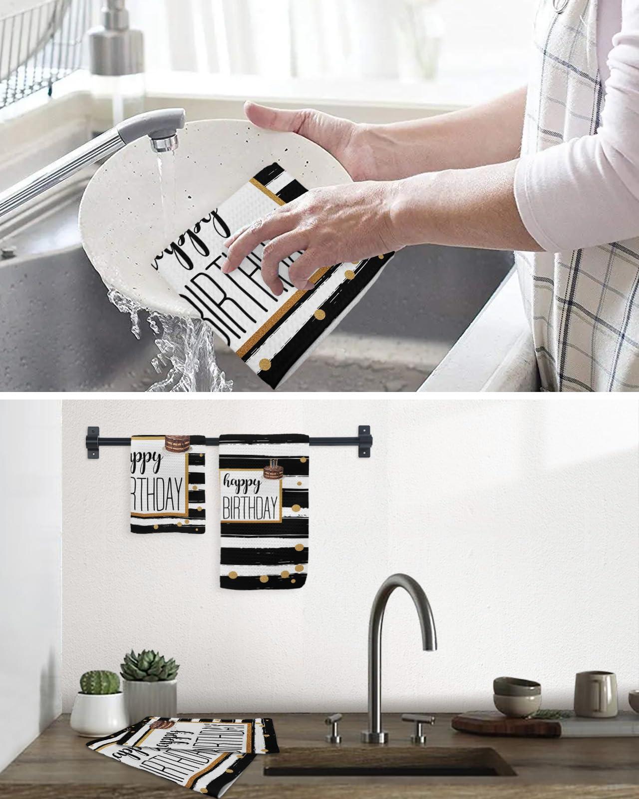 Kontanderi Happy Birthday Dish Towels Waffle Kitchen Towels Set, Absorbent Quick Drying Towel Cleaning Cake Black and White Striped Dots Hand Towels for Bathroom 4 Pack Dish Cloths 15.7\"x23.6\"