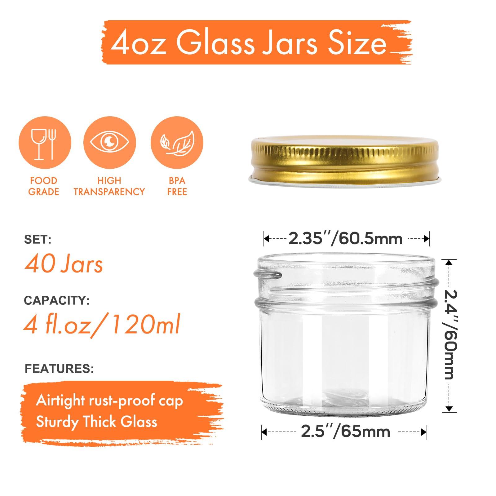 Jaisie.W Jaisie.W 4 oz Mason Jars with Lids 40Pack, Glass Small Mason Jars 4 oz- Mini Mason Jars with Lids&Stickers for Food Storage, Candle Making, Pantry Organizers and Storage (Gold Lids)