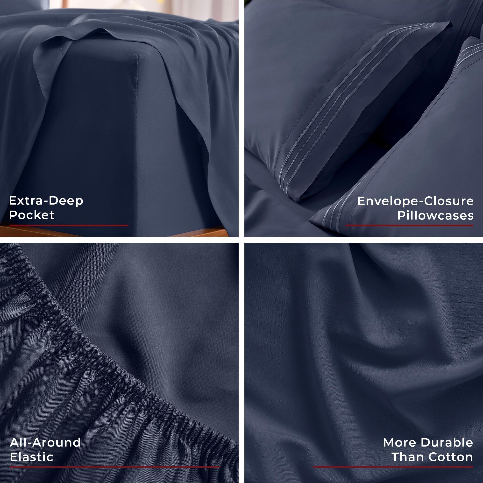 Mellanni Mellanni California King Sheet Set - 6-Piece Iconic Collection Bedding, (Including 4 Pillowcases), 21-Inch Extra Deep Pocket, Easy Care, Ultra Soft, Cooling Sheets, Brushed Microfiber - Navy Blue