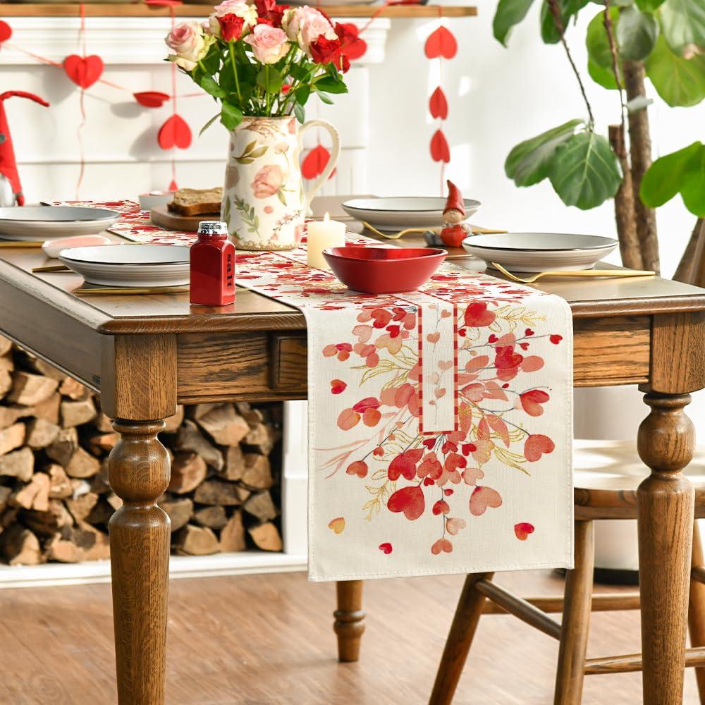 Artoid Mode Artoid Mode Red Heart Branch Valentine\'s Day Table Runner, Seasonal Leaf Kitchen Dining Table Decoration for Home Party Decor 13x72 Inch