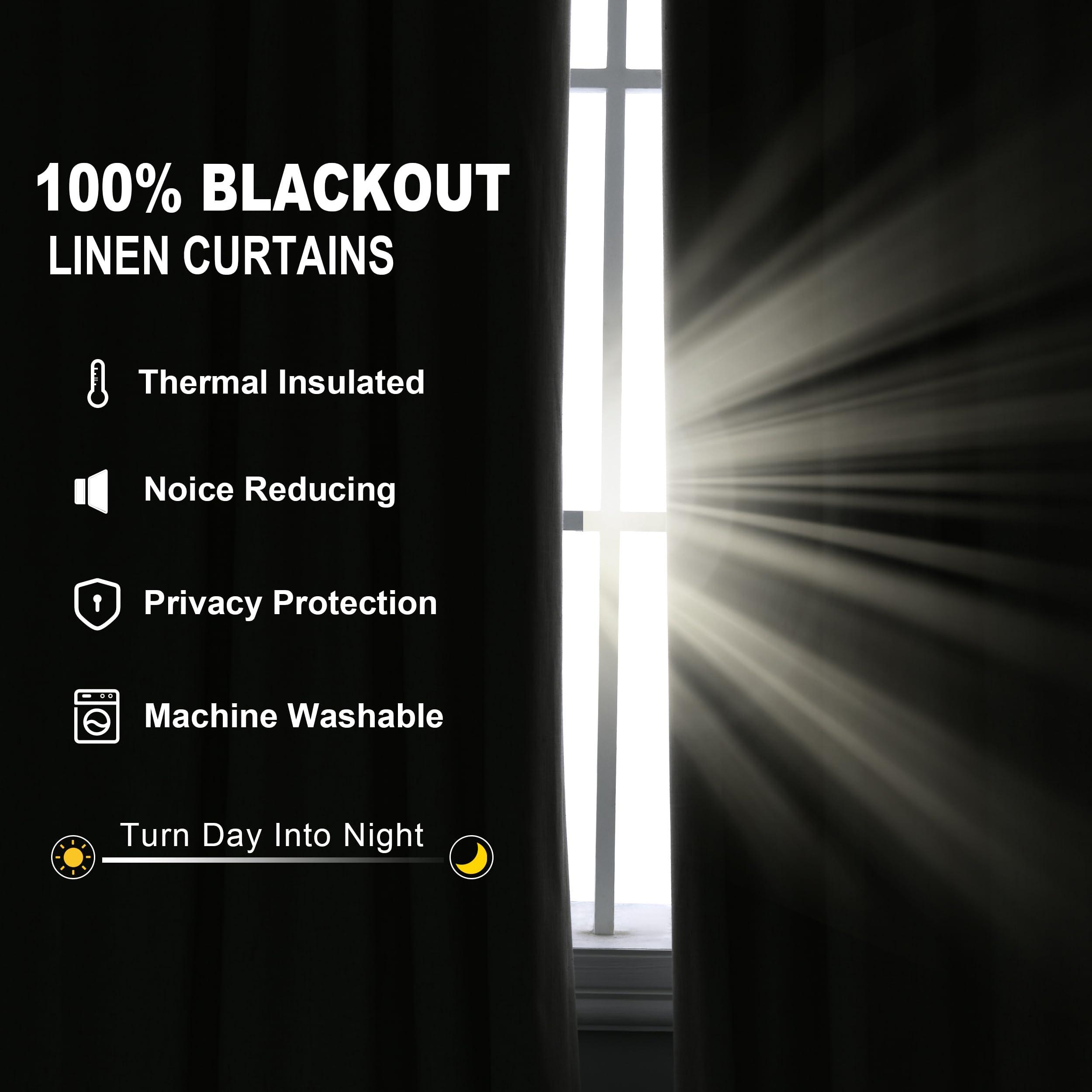 Jowels Jowels Black Linen Blackout Curtains 102 Length 2 Panels Set for Living Room Bedroom, 100% Black Out Thermal Insulated Linen Drapes, Room Darkening Grommet Curtains 102 Inches Long