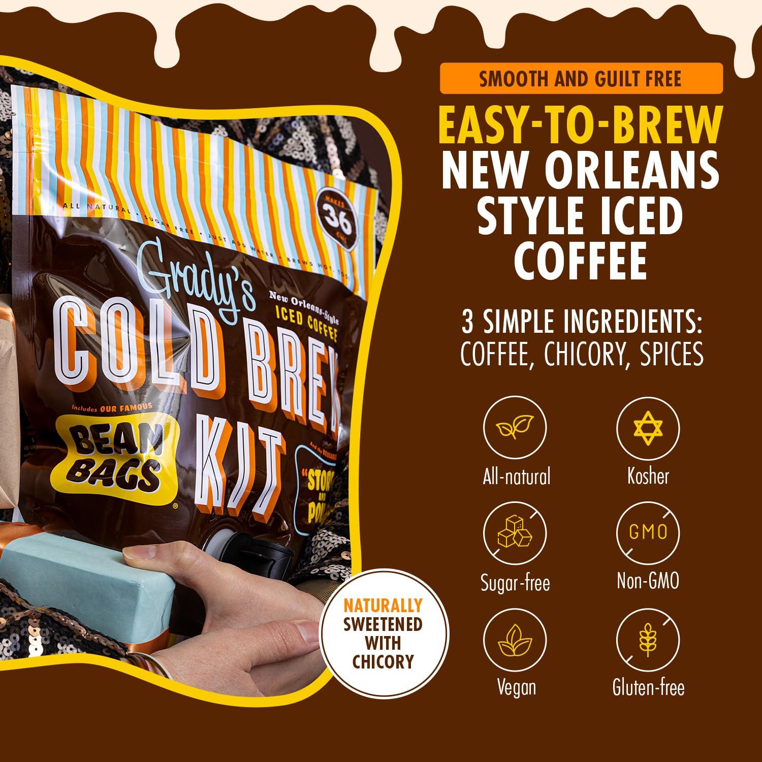 Grady's Cold Brew GRADYS COLD BREW Coffee Pouches | New Orleans Style - DECAF | 100% Arabica Ground Coffee & Chicory | All-in-One Cold Brew Kit with 12 Easy-to-Brew Beans Bags | Makes 36 drinks