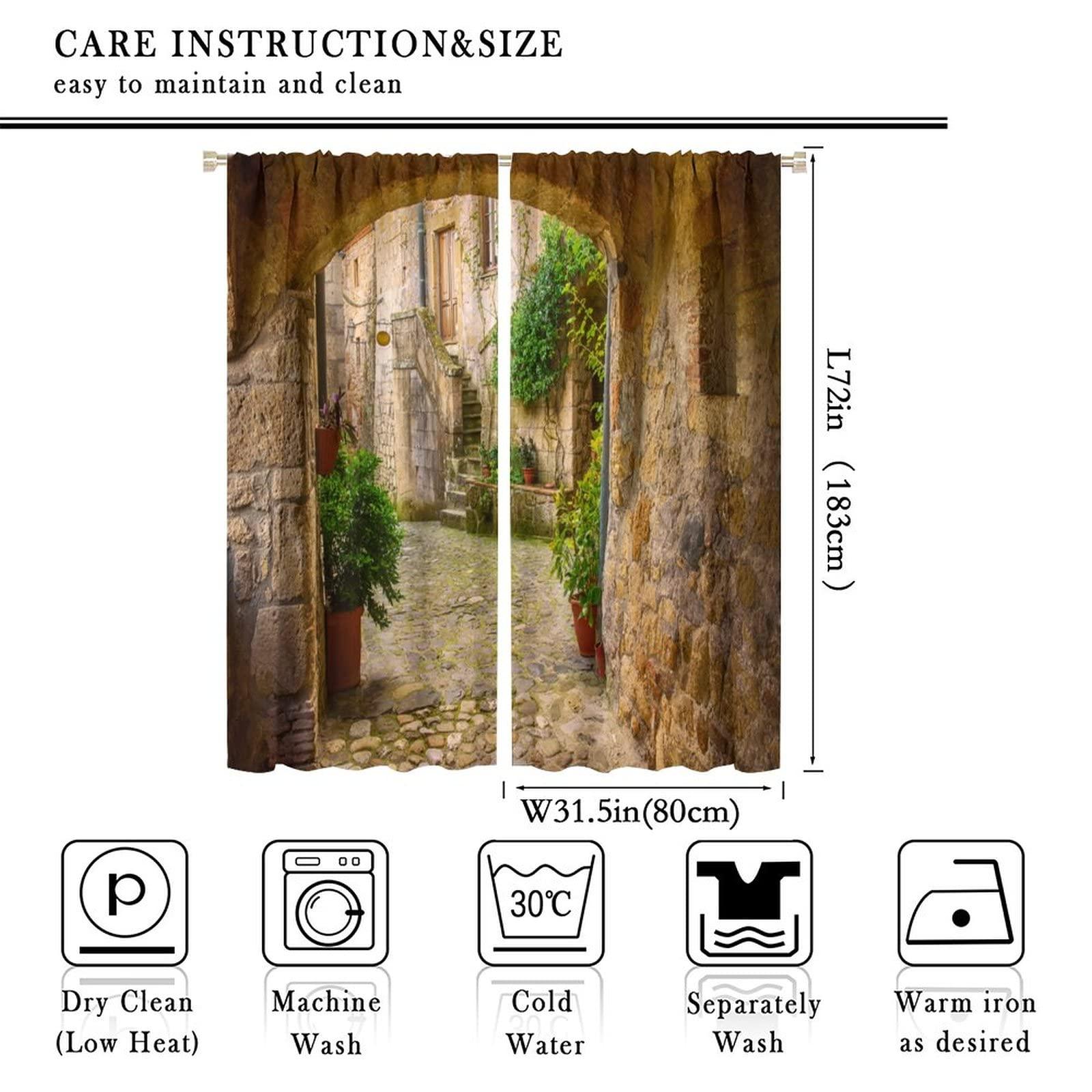 ZhiRain Scenery Kitchen Italian Curtains, Landscape from Door Antique Style Stone Village Tuscany Italian Valley, Blackout Rod Pocket Window Drapes 2 Panel Set for Kitchen Cafe Decor 63x72in