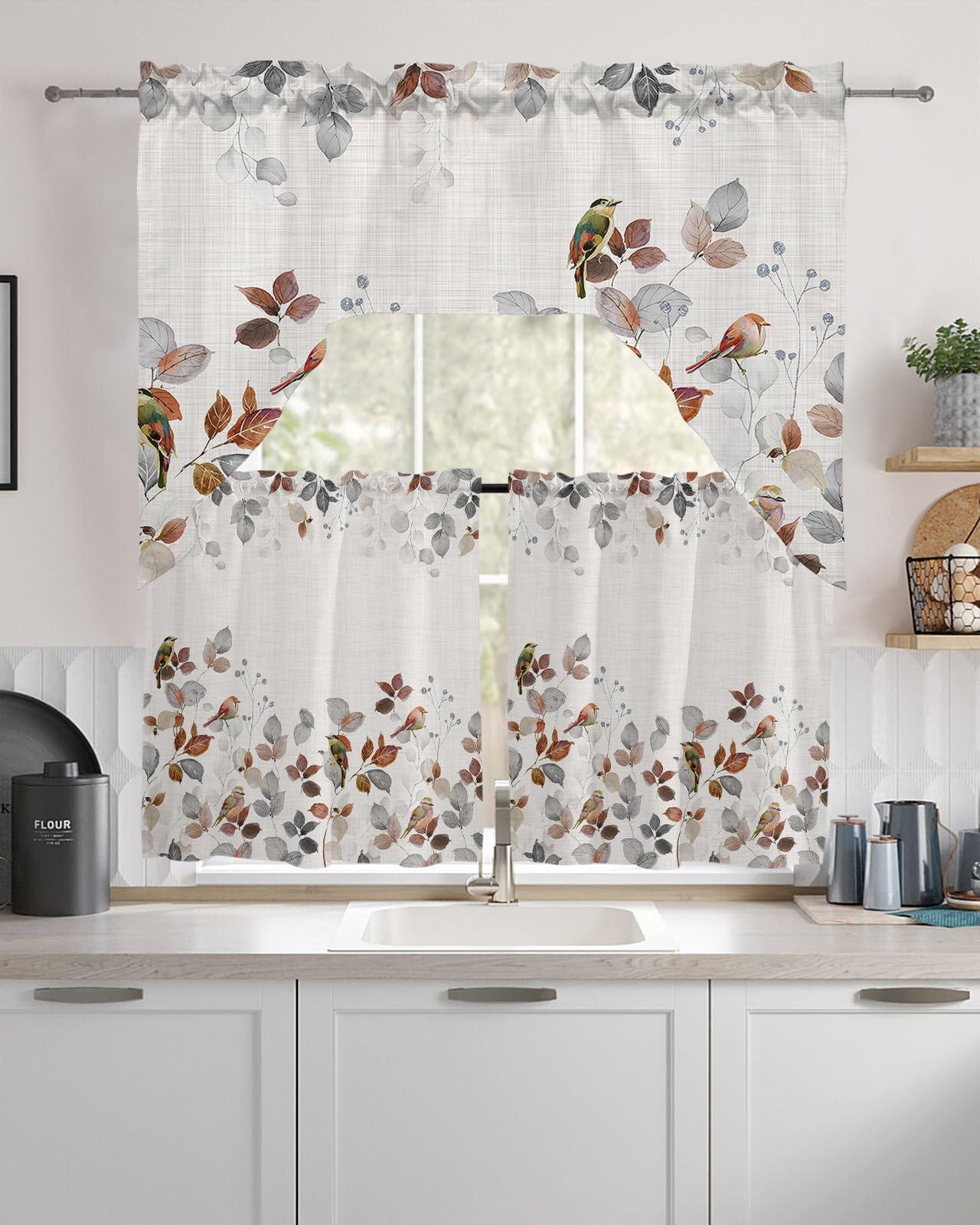 Onekaccu Country Bird Leaf Swag Curtains Valance Tier Set, Rod Pocket Curtain Drapes for Bedroom Bathroom Over Sink Kitchen Curtains 3 Piece Set Fall Botanical Rustic Orange Grey Swag Valances 24 inches Tiers