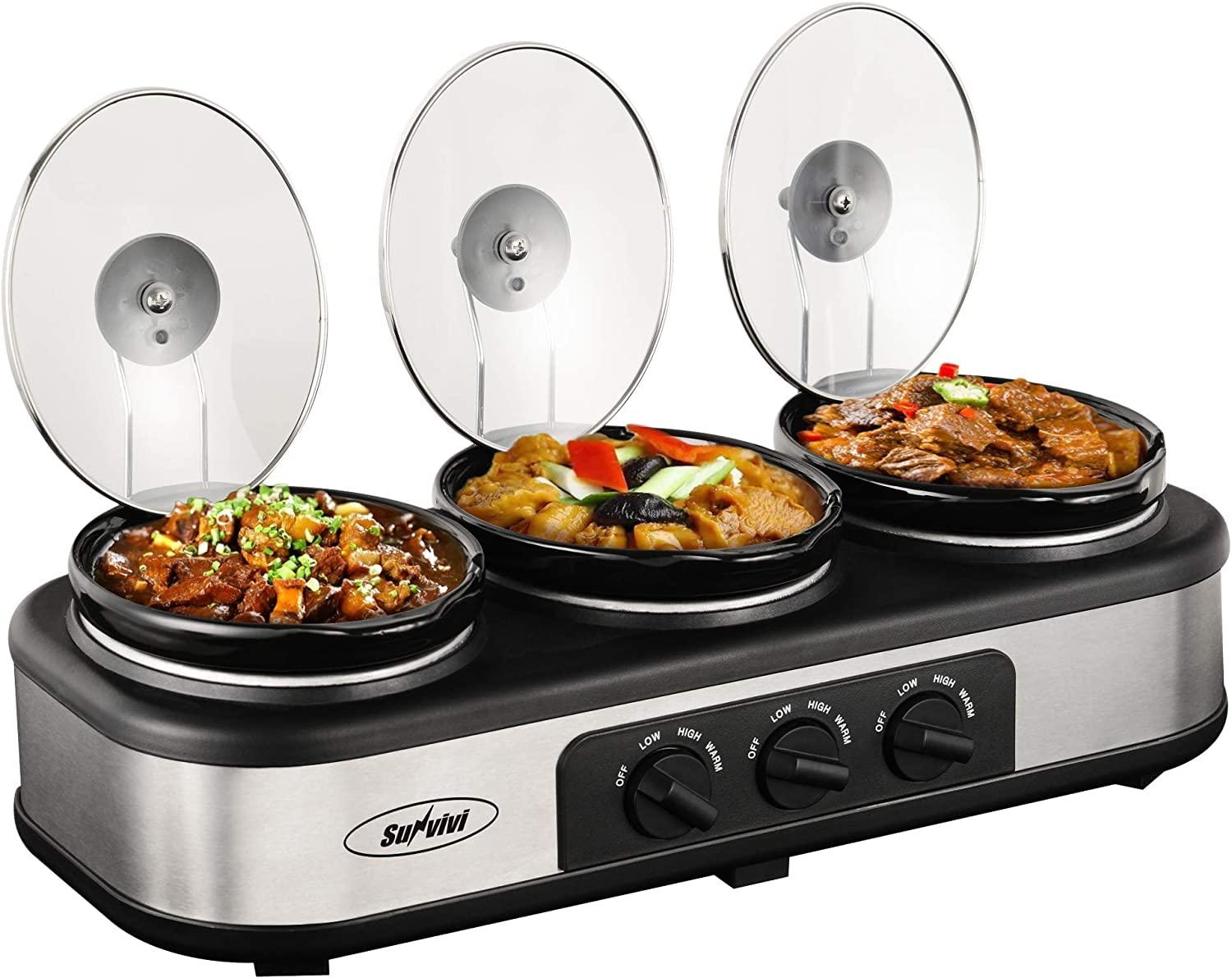 Sunvivi Sunvivi Slow Cooker, Triple Slow Cooker Buffet Server and Food Warmer, 3-Section 1.5-Quart Upgraded Oval Ceramic Pot with Stainless Steel Lid Rests, 3 Spoons, Total 4.5 QT