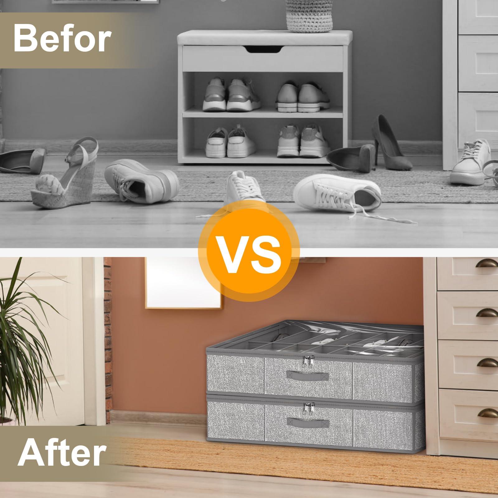 homyfort 32 Pairs Shoe Organizer Under Bed, Underbed Shoe Storage Boxes Bins, Organizador De Zapatos, Extra Large Zapateras Organizer, Grey, Set of 2