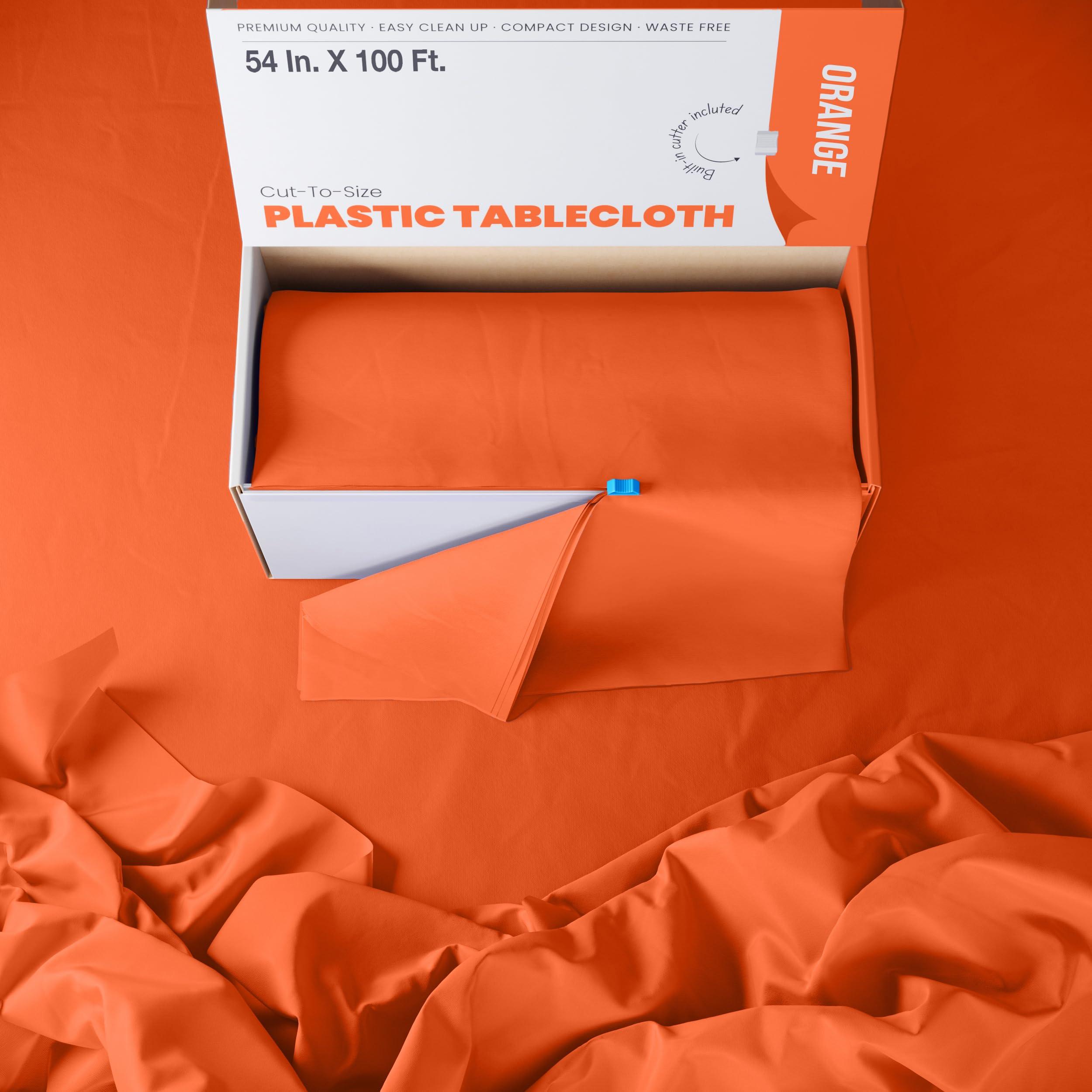 Exquisite Exquisite 54 Inch X 100 Feet Orange Plastic Table Cover Roll in A Cut - to - Size Box with Convenient Slide Cutter. Cuts Up to 12 Rectangle 8 Feet Plastic Disposable Tablecloths