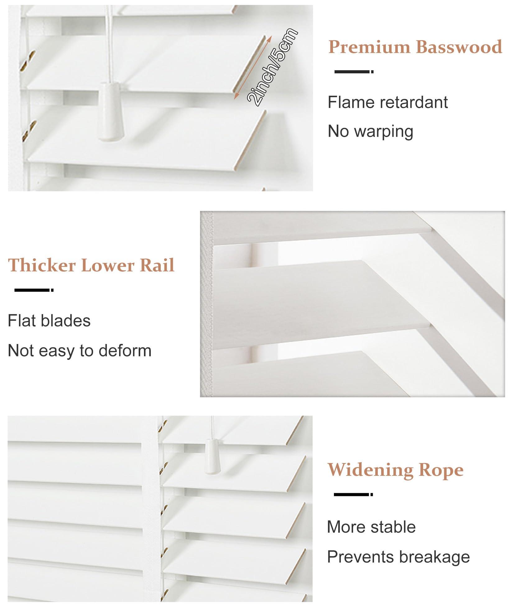 errzom Pull Down Wood Blinds for Interior Windows, Light Filtering Plantation Shutters for Windows Inside, Blackout Wooden Blinds for Windows Inside Mount, 2 Inch Custom Blinds,White,72'' W x 73'' H