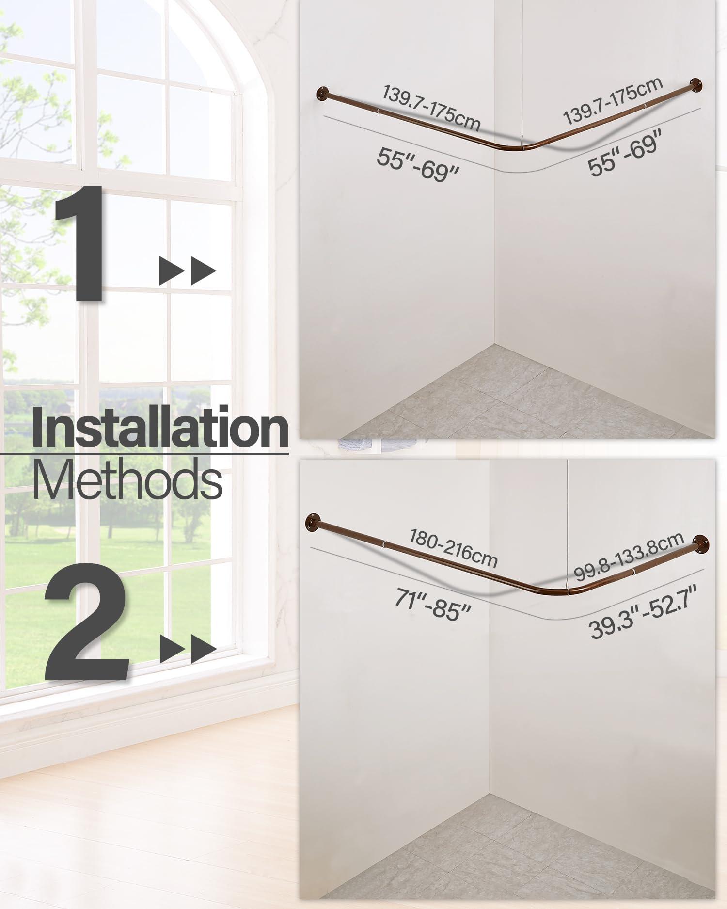 crkmire Crkmire Corner Shower Curtain Rod, Coffee [39"-69"] x [55"-85"] Adjustable L Shaped Shower Rod No-Sagging 90 Degree Curved Curtain Rod for Bathroom Bathtub with 12 Ring Hooks & Ceiling Support
