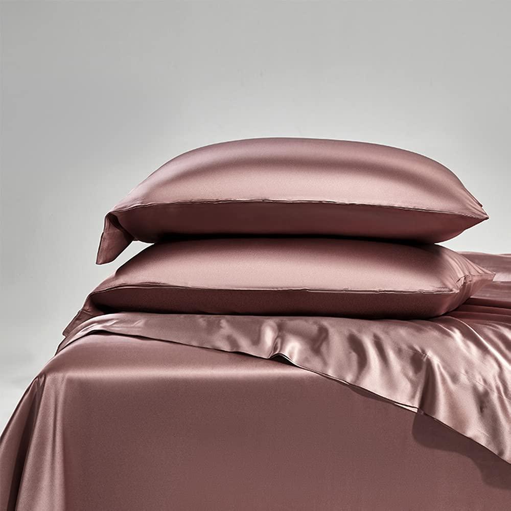 Orose Orose 4Pcs 25 Momme Charmeuse Silk Flat Sheet Set 100% Mulberry Seamless Silk Bedding Sheets Top Bottom Sheet (Light Plum, California King)