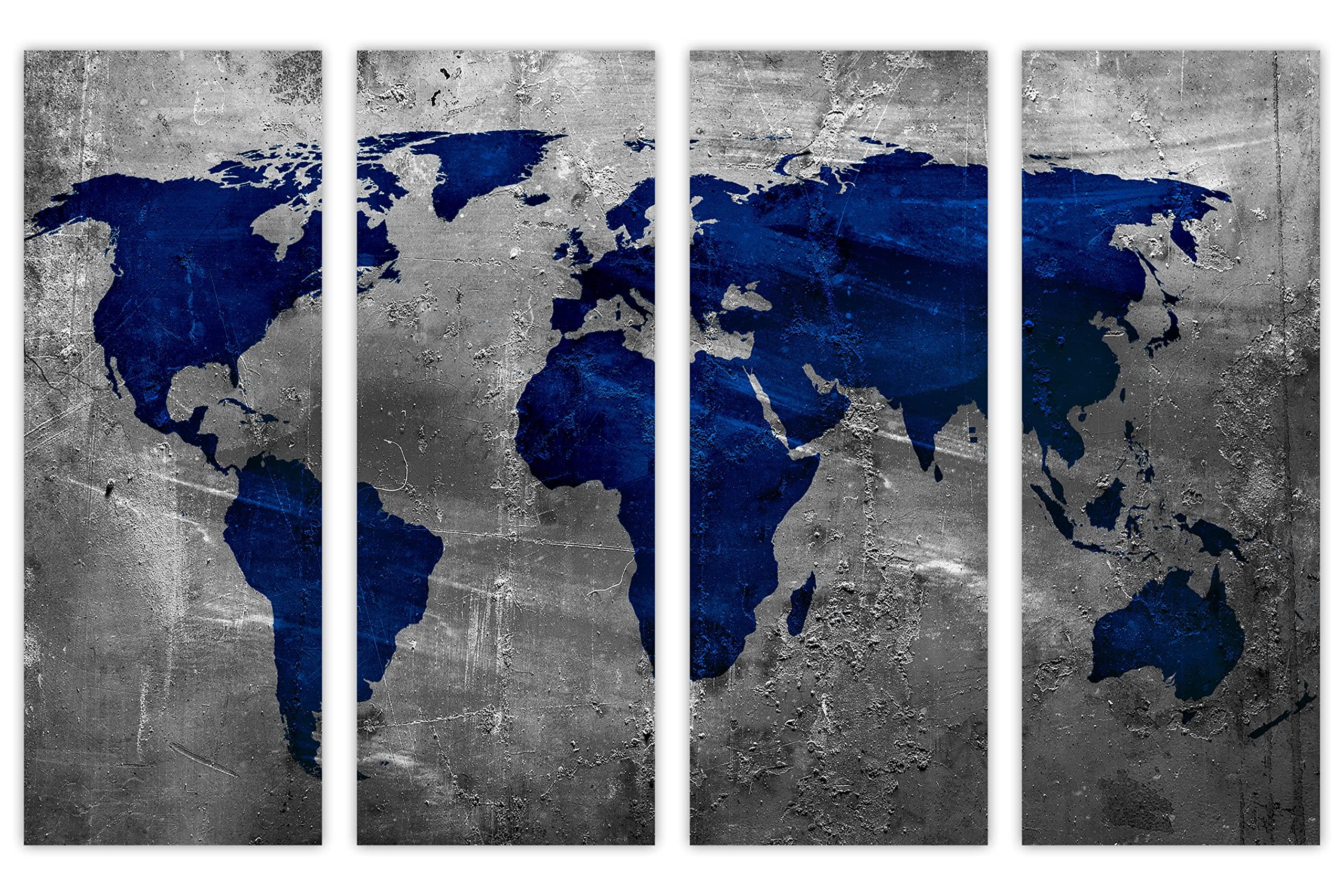 Canvas Quest 48 x 30 TOTAL - Sapphire Blue World Map Canvas Print Wall Art. 4 Panel Split. Gray background wall decor