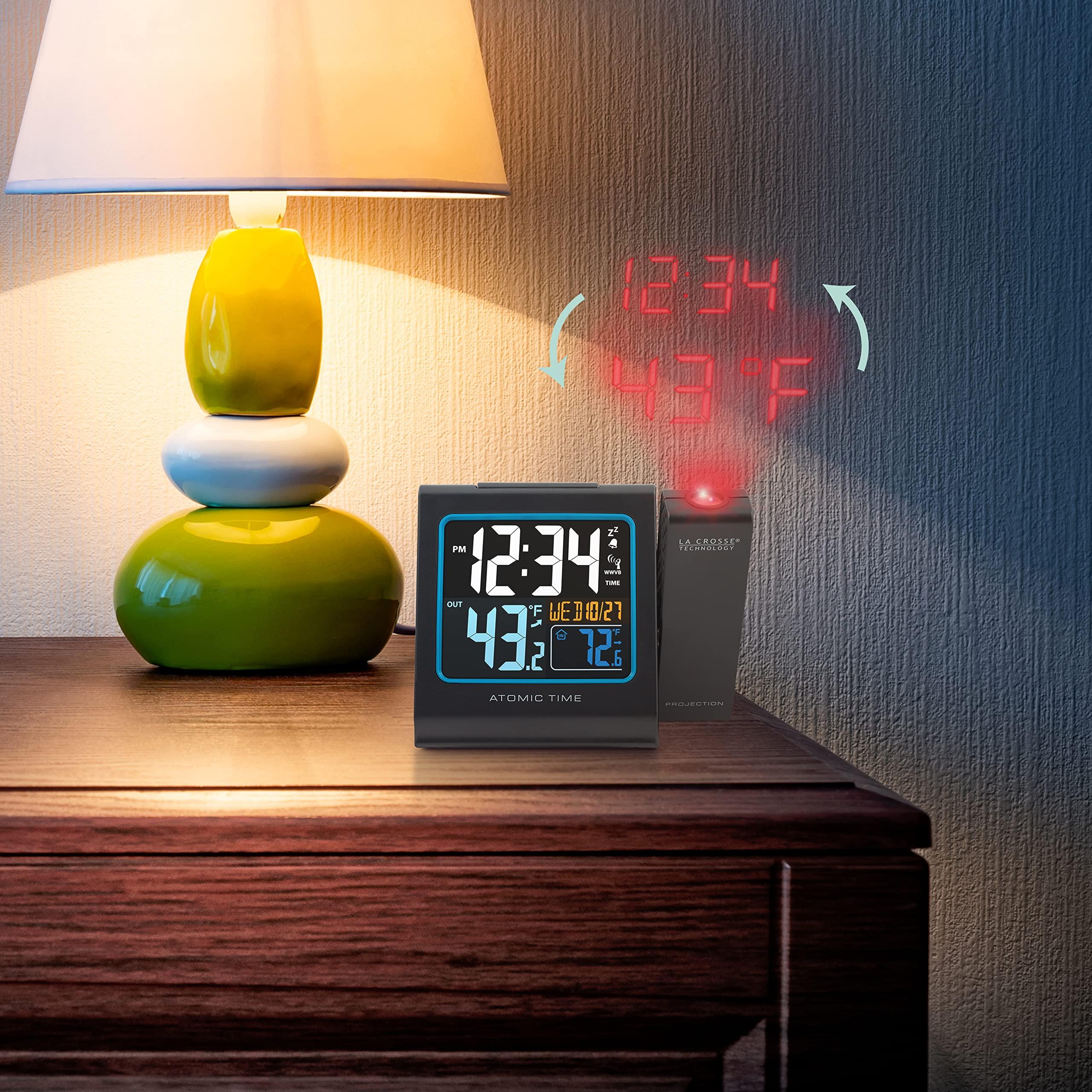 La Crosse Technology La Crosse Technology Color Projection Alarm Clock with Indoor/Outdoor Temperature & Charging USB Port, Wireless, Backlit, Black, 616-146