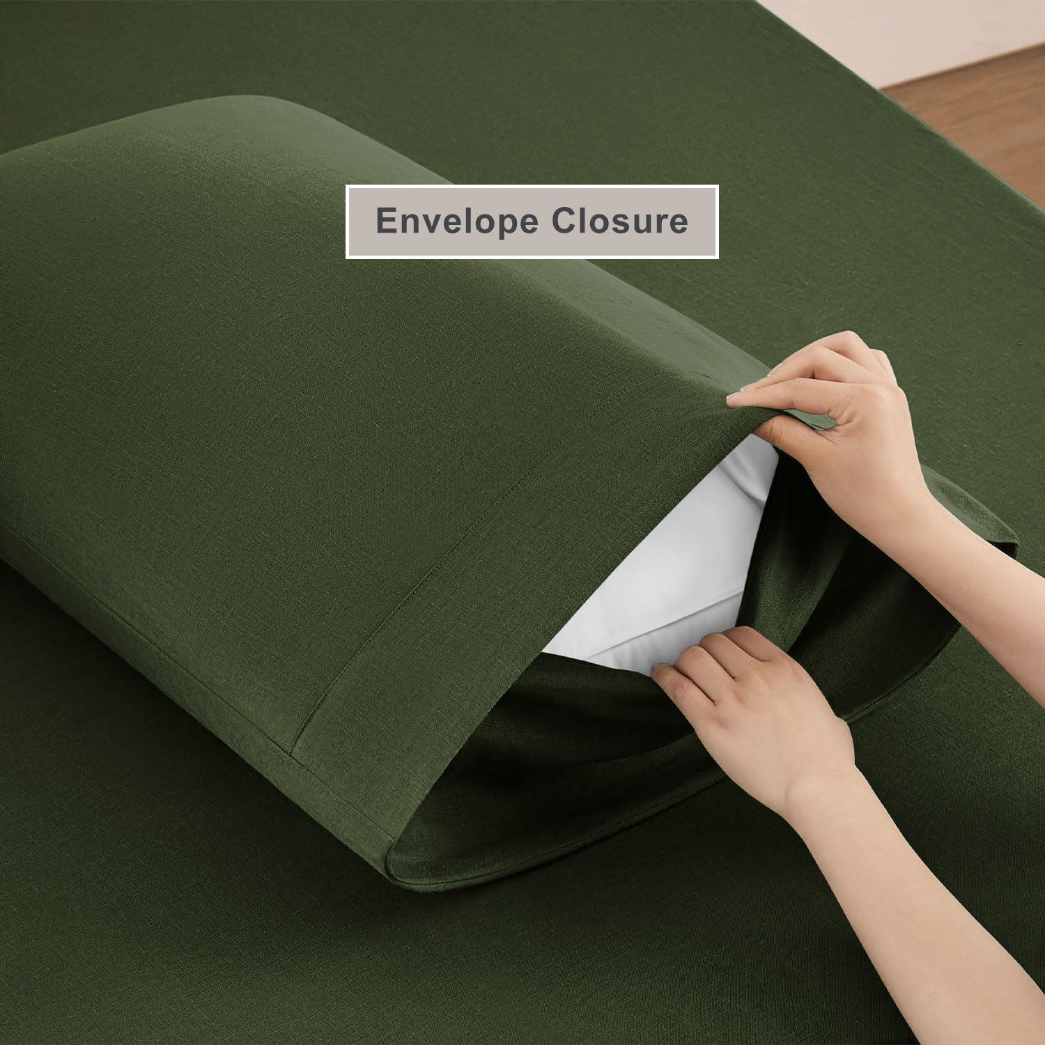 TOSMO TOSMO Pure Linen Sheets Set, 100% French Natural Linen Flax Bedding 4pc Set (Queen, 1 Flat Sheet, 1 Fitted Sheet, 2 Pillowcases) - Forest Green